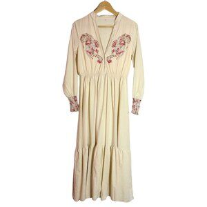 Vintage Style V-Neck Boho Peasant Maxi Dress Long Sleeves Women's Small